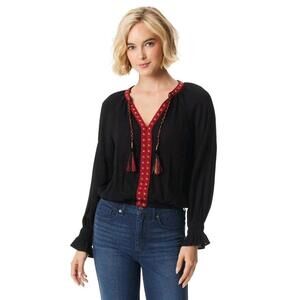 Jessica Simpson Betro Ladies Tunic Top Blouse Size M Black Red Embroidered